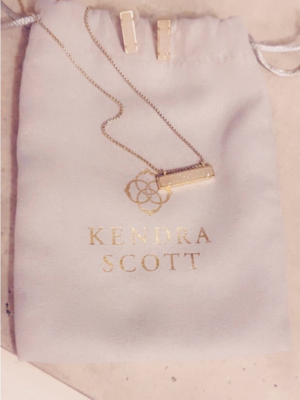 Kendra Scott Gold Bar Necklace and Matching Rectangular Studs- white drusy